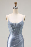 Grigio Blu Mermaid Corsetto Beaded Pleted Abito da ballo lungo con fessura