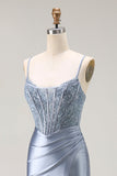 Grigio Blu Mermaid Corsetto Beaded Pleted Abito da ballo lungo con fessura