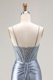 Grigio Blu Mermaid Corsetto Beaded Pleted Abito da ballo lungo con fessura