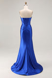 Royal Blue senza spalline corsetto in rilievo sirena lungo abito da ballo a pieghe con fessura