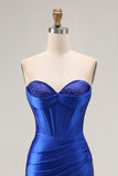 Royal Blue senza spalline corsetto in rilievo sirena lungo abito da ballo a pieghe con fessura