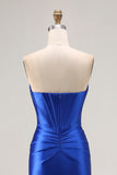 Royal Blue senza spalline corsetto in rilievo sirena lungo abito da ballo a pieghe con fessura