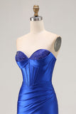 Royal Blue senza spalline corsetto in rilievo sirena lungo abito da ballo a pieghe con fessura