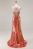 Metallic Orange Mermaid Beaded Increspato Abito Lungo Prom con fessura