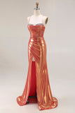 Metallic Orange Mermaid Beaded Increspato Abito Lungo Prom con fessura