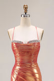 Metallic Orange Mermaid Beaded Increspato Abito Lungo Prom con fessura