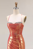 Metallic Orange Mermaid Beaded Increspato Abito Lungo Prom con fessura