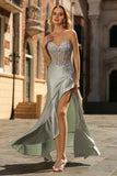 Corsetto in Applique, sirena con Papillette Dusty Sage Sweetheart Abito da ballo lungo con fessura a volant