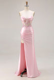 Corsetto sirena rosa senza spalline con paillettes e lungo abito da ballo con fessura