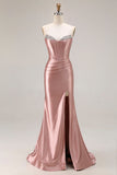 Dusty Rose Mermaid senza spalline corsetto in rilievo Satin Long Prom Dress con fessura