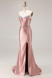Dusty Rose Mermaid senza spalline corsetto in rilievo Satin Long Prom Dress con fessura
