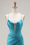 Pavone blu corsetto sirena cut-out raso lungo abito da ballo con fessura