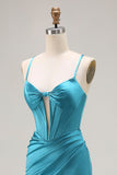Pavone blu corsetto sirena cut-out raso lungo abito da ballo con fessura