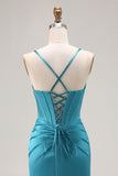 Pavone blu corsetto sirena cut-out raso lungo abito da ballo con fessura