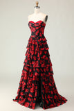Nero Rosso Fiore A Line Sweetheart Corsetto Tiered Abito da ballo lungo con fessura