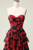 Nero Rosso Fiore A Line Sweetheart Corsetto Tiered Abito da ballo lungo con fessura