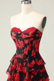 Nero Rosso Fiore A Line Sweetheart Corsetto Tiered Abito da ballo lungo con fessura