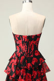 Nero Rosso Fiore A Line Sweetheart Corsetto Tiered Abito da ballo lungo con fessura
