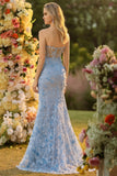 Corsetto sirena blu senza spalline 3D con paillettes Abito da cerimonia lungo con fessura