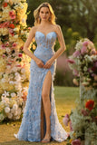 Corsetto sirena blu senza spalline 3D con paillettes Abito da cerimonia lungo con fessura
