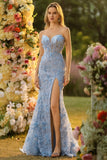 Corsetto sirena blu senza spalline 3D con paillettes Abito da cerimonia lungo con fessura