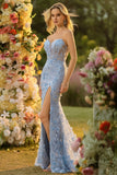 Corsetto sirena blu senza spalline 3D con paillettes Abito da cerimonia lungo con fessura
