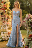 Corsetto sirena blu senza spalline 3D con paillettes Abito da cerimonia lungo con fessura