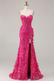 Corsetto senza spalline fucsia sirena, fiori 3D con paillettes e vestito da ballo lungo con fessura