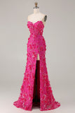 Corsetto senza spalline fucsia sirena, fiori 3D con paillettes e vestito da ballo lungo con fessura