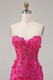 Corsetto senza spalline fucsia sirena, fiori 3D con paillettes e vestito da ballo lungo con fessura
