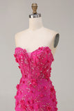 Corsetto senza spalline fucsia sirena, fiori 3D con paillettes e vestito da ballo lungo con fessura