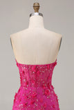 Corsetto senza spalline fucsia sirena, fiori 3D con paillettes e vestito da ballo lungo con fessura