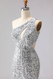 Abito da Cerimonia lungo con paillettes a sirena argento scintillante e spalla