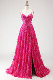 Fucsia Linea A Paillettes corsetto trasparente fiori 3D Abito da ballo lungo con fessura