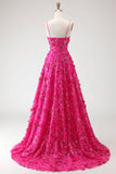 Fucsia Linea A Paillettes corsetto trasparente fiori 3D Abito da ballo lungo con fessura