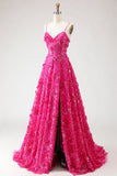 Fucsia Linea A Paillettes corsetto trasparente fiori 3D Abito da ballo lungo con fessura