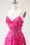 Fucsia Linea A Paillettes corsetto trasparente fiori 3D Abito da ballo lungo con fessura