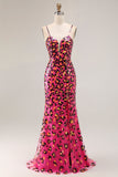 Fucsia Leopard Mermaid paillettes Spaghetti Straps Abito lungo da ballo con fessura