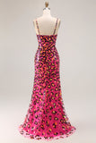 Fucsia Leopard Mermaid paillettes Spaghetti Straps Abito lungo da ballo con fessura