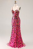 Fucsia Leopard Mermaid paillettes Spaghetti Straps Abito lungo da ballo con fessura