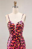 Fucsia Leopard Mermaid paillettes Spaghetti Straps Abito lungo da ballo con fessura