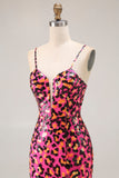 Fucsia Leopard Mermaid paillettes Spaghetti Straps Abito lungo da ballo con fessura