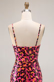 Fucsia Leopard Mermaid paillettes Spaghetti Straps Abito lungo da ballo con fessura