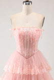 Blush Blush Senza spalline a livelli con volant A Line Corset Corsetto Abito da Cerimonia lungo con fessura