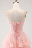 Blush Blush Senza spalline a livelli con volant A Line Corset Corsetto Abito da Cerimonia lungo con fessura