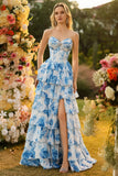 Corsetto senza spalline bianco blu a livello A Shoulderless Abito da cerimonia lungo con fessura