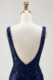 Sparkly Navy Mermaid paillettes scollo a V aperto posteriore lungo abito da ballo con fessura