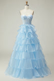 Principessa Blu Sweetheart Corsetto Tiered Paillettes Abito Da Ballo Lungo con Lace Up Indietro