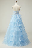 Principessa Blu Sweetheart Corsetto Tiered Paillettes Abito Da Ballo Lungo con Lace Up Indietro