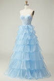 Principessa Blu Sweetheart Corsetto Tiered Paillettes Abito Da Ballo Lungo con Lace Up Indietro